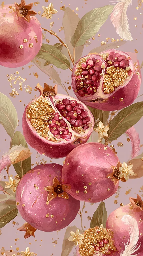 A stylized illustration features pink pomegranates adorned with gold accents, set against a muted pink background.  Intricate botanical elements, including leaves and delicate flowers, add depth and texture.  Feathers subtly float around the juicy fruits, creating a luxurious and whimsical feel.  Gold speckles further enhance the opulent aesthetic.