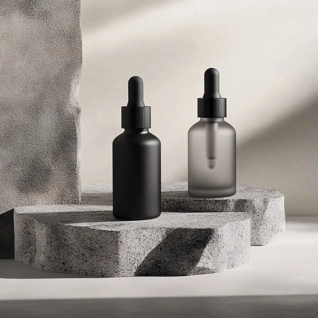 Two dropper bottles, one black and one frosted glass, rest on a textured grey stone platform.  A larger, rough-hewn grey stone block sits behind them, casting shadows that highlight the minimalist aesthetic.  The scene is softly lit, suggesting a clean and modern product display.