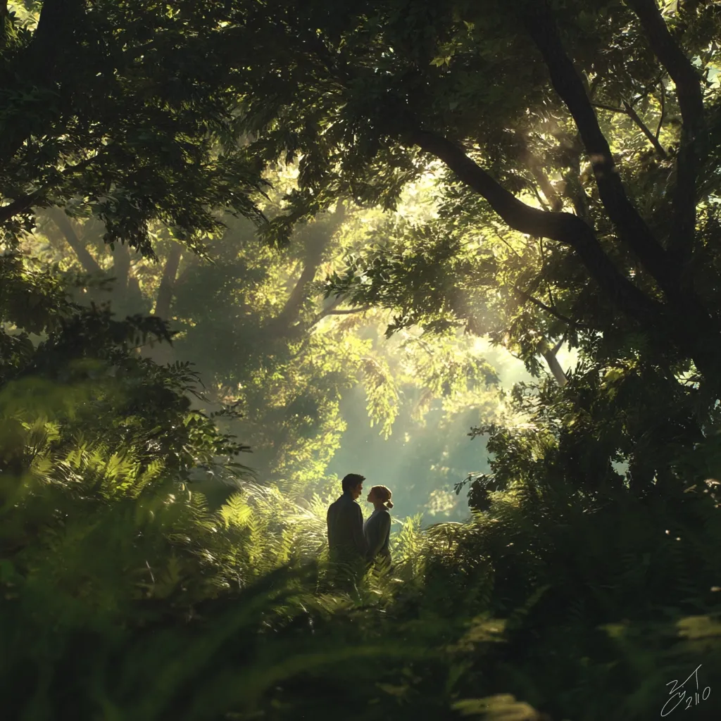 A silhouetted couple stands intimately close, gazing at each other amidst a sun-dappled forest.  Sunlight streams through the dense canopy of lush green trees, creating a magical, ethereal atmosphere.  The vibrant foliage surrounds them, creating a secluded and romantic scene in nature's embrace.  The overall mood is one of peaceful love and tranquility.