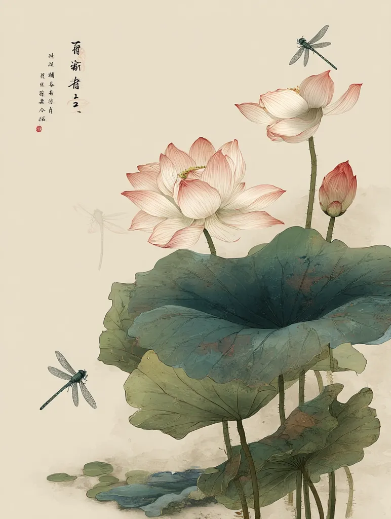 An elegant Asian-inspired painting depicts pink lotus blossoms in various stages of bloom, surrounded by large, textured green leaves.  Dragonflies flutter nearby, adding to the serene atmosphere. The pale background and delicate brushstrokes evoke a sense of tranquility and natural beauty.  Calligraphy in the upper left corner adds an element of traditional artistry.
