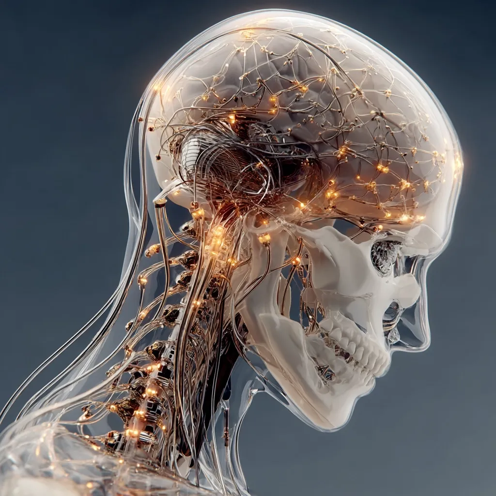 A 3D rendering showcases a transparent human head and neck, revealing an intricate network of glowing wires and circuitry within the skull.  The wires mimic neural pathways, illuminating the brain's structure.  The image suggests a futuristic or cybernetic enhancement, merging biology and technology in a visually striking representation. The overall effect is one of both beauty and technological wonder.