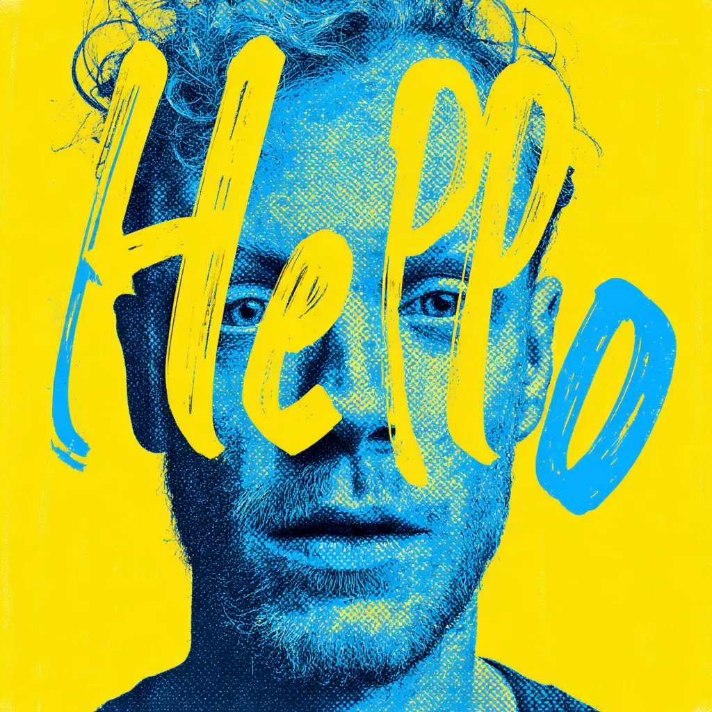 A stylized portrait of a man with light-colored, curly hair.  The image is in bold blue and yellow.  The word "Hello" is painted in a large, brushstroke font, partially obscuring the man's face. The overall effect is bold and graphic, with a strong visual contrast between the colors.