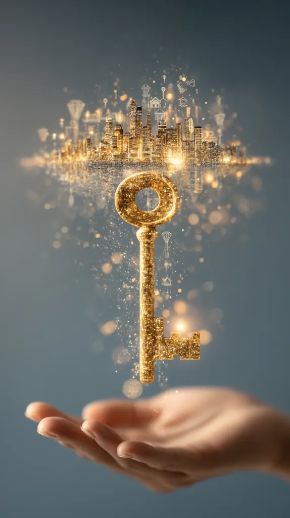 A golden, glittering key floats above an outstretched hand.  The key is intricately detailed and radiates a soft light. Above the key, a shimmering city skyline appears, composed of tiny, glowing buildings and symbolic icons. The image suggests unlocking opportunities, success, and access to a prosperous future. The overall tone is aspirational and hopeful.