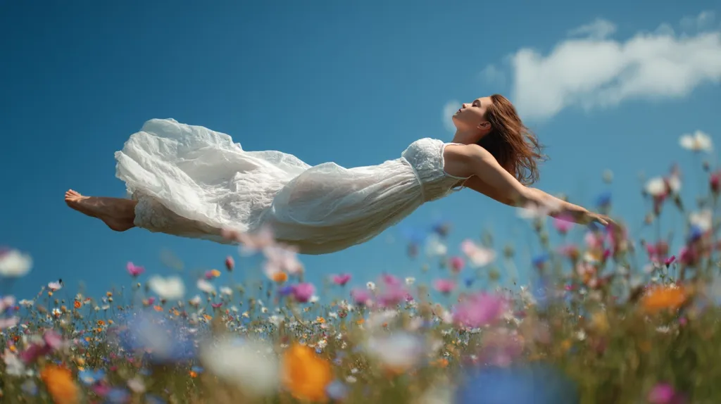 A woman in a flowing white dress is suspended in mid-air above a vibrant field of wildflowers.  The sky is a clear, bright blue, and the woman's eyes are closed, suggesting peace and serenity.  The image evokes a feeling of freedom and lightness, a dreamlike state of weightlessness amidst nature's beauty. The soft focus on the flowers emphasizes the dreamy atmosphere.
