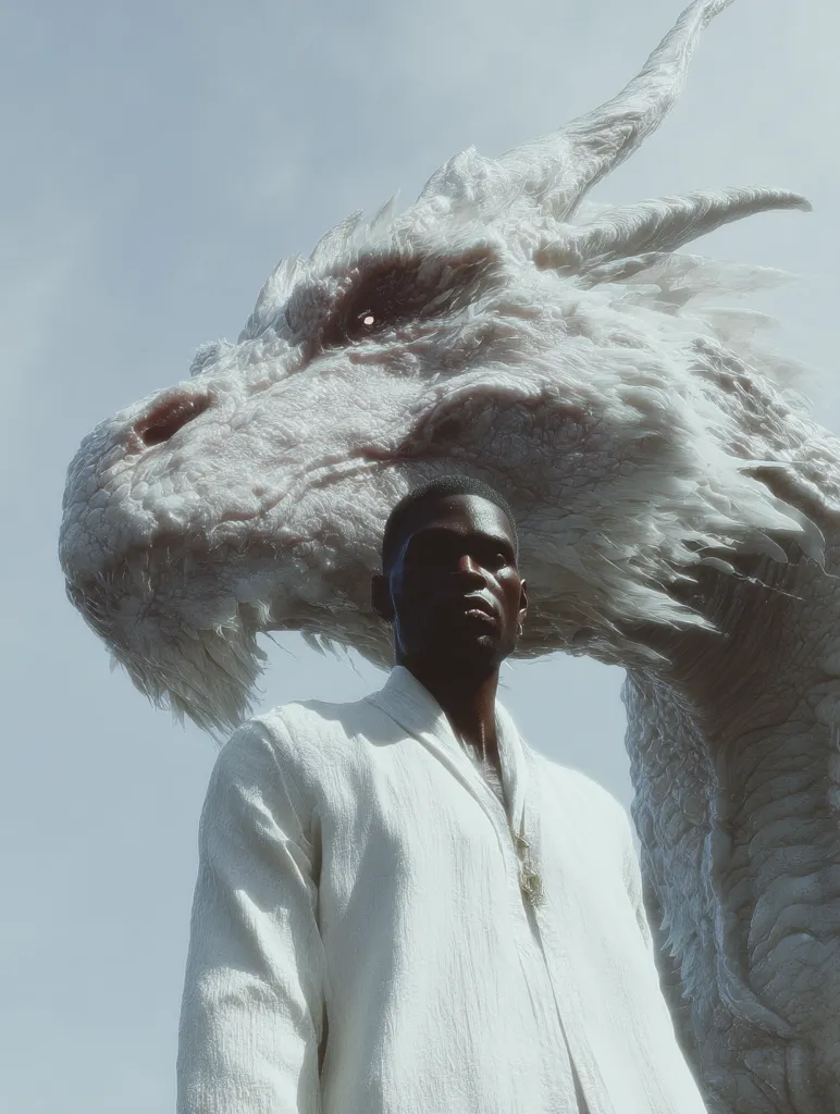 A dark-skinned man, dressed in a crisp white long-sleeved shirt, stands beneath the imposing head of a colossal, pale white dragon. The dragon's textured scales and sharp horns are dramatically lit against a bright, cloudy sky.  The contrast between the man's calm composure and the dragon's immense size creates a powerful and surreal image.