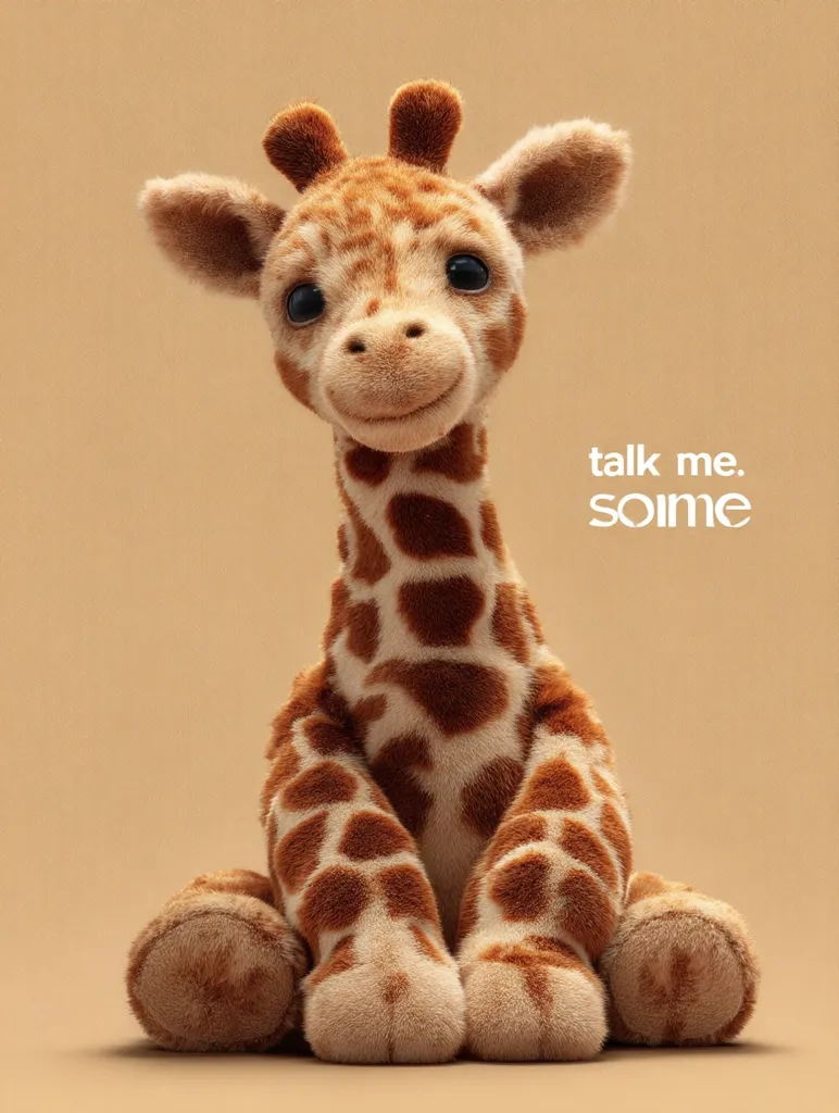 A cute, plush giraffe sits against a muted beige background.  Its large, expressive eyes and soft fur create a cuddly appearance. The giraffe's spots are meticulously detailed, and it sits with its legs neatly tucked beneath it.  The text "talk me. some" is subtly placed in the upper right corner, hinting at a playful interaction or brand message.