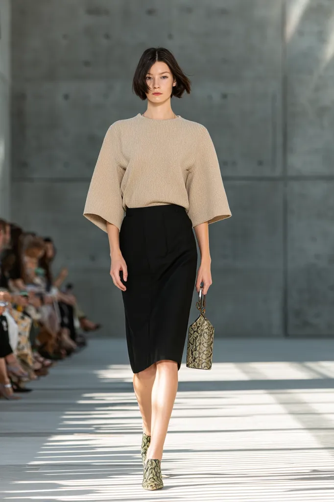 A fashion model with short brown hair walks down a runway. She wears a beige, loose-fitting sweater and a black pencil skirt.  Her footwear is a pair of snakeskin heeled ankle boots.  She carries a small, similarly patterned handbag. The background is a minimalist concrete wall. The overall aesthetic is clean and modern.
