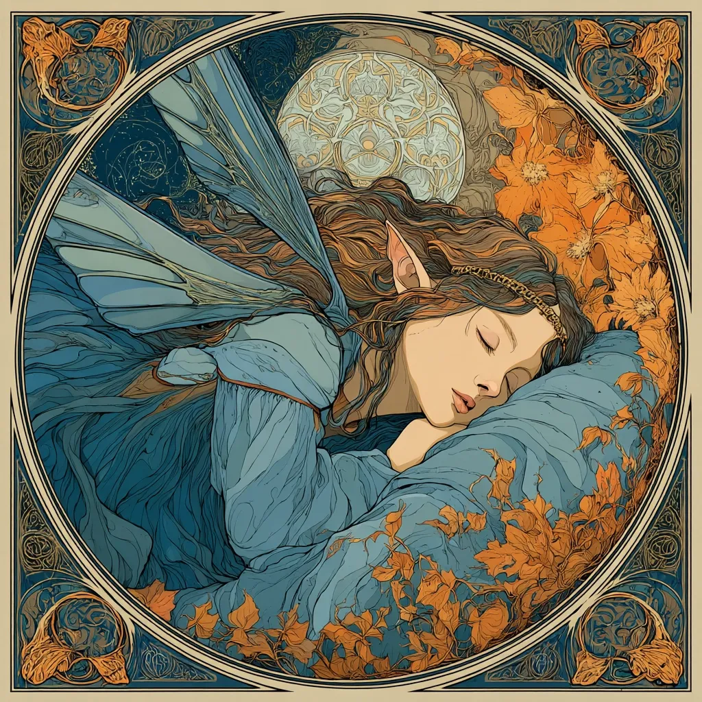 A serene illustration in Art Nouveau style depicts a sleeping fairy.  She has long brown hair, pointed ears, and wears a flowing blue gown.  Her delicate wings are partially visible, and she rests her head on a pillow adorned with autumnal leaves.  The artwork is framed by an ornate border, featuring swirling patterns and floral motifs, and a full moon hangs in the background.  The color palette is muted, dominated by blues, oranges, and beige.