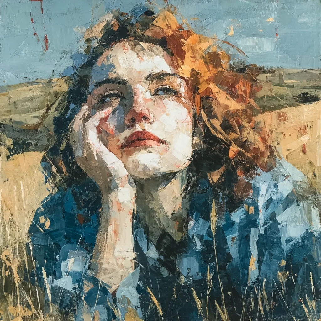 A woman with fiery red hair rests her head in her hand, gazing dreamily into a sun-drenched landscape.  The painting is rendered in expressive, impasto brushstrokes, emphasizing texture and emotion.  She is dressed in a textured blue shirt, partially obscured by tall grasses, creating a feeling of serenity and contemplation in nature. The background suggests a rolling countryside under a bright sky.