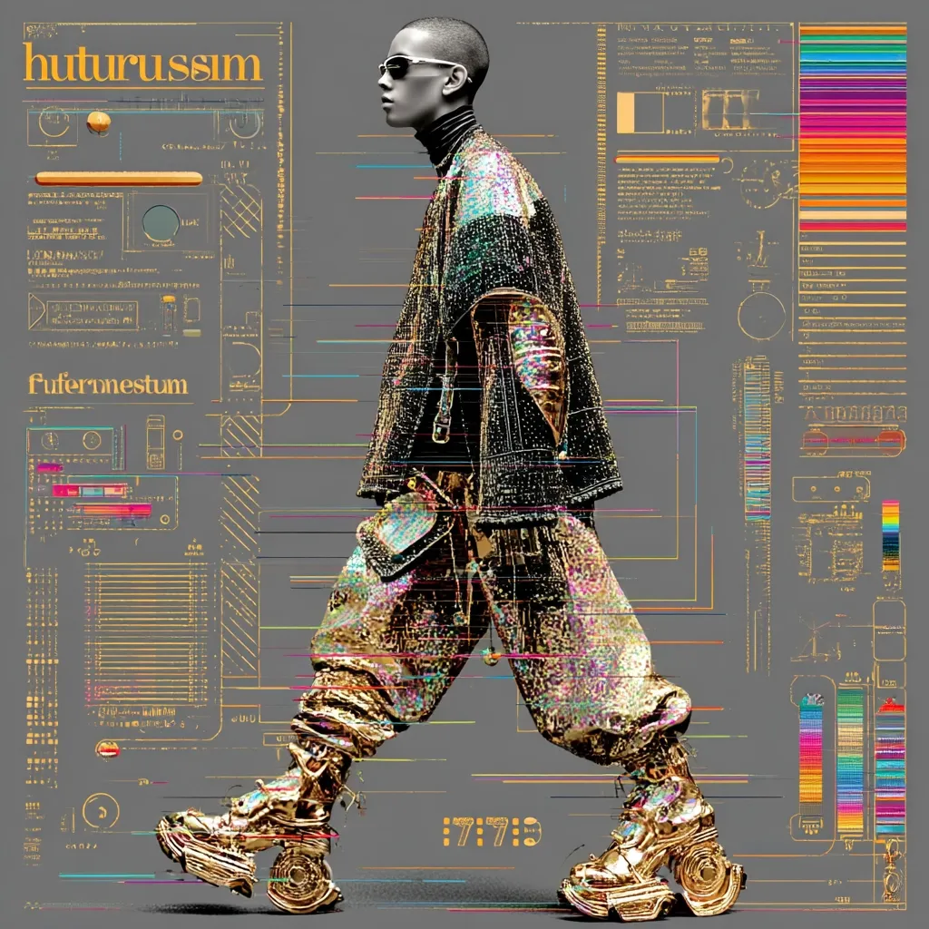 A stylized image depicts a fashion model walking, clad in metallic gold and black clothing, chunky platform boots, and sunglasses.  The background features a gray overlay with gold-toned technical schematics and data streams, creating a futuristic, almost cyberpunk aesthetic.  The model's attire appears glitched or digitally altered, enhancing the technological theme.  Words "huturussim" and "fufemnestum" are prominently displayed.  The overall impression is one of high fashion blended with advanced technology.