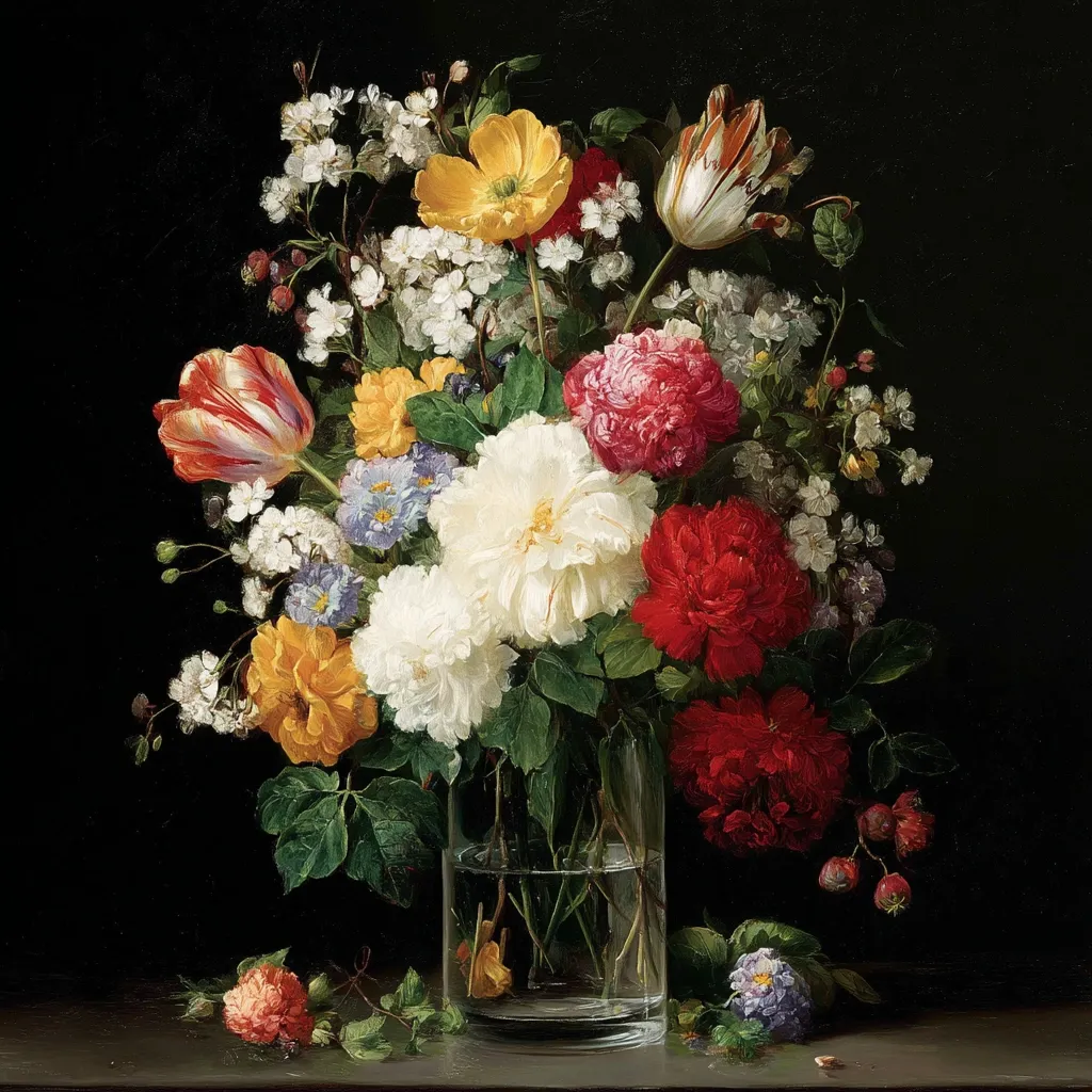 A vibrant still life painting showcases a lush bouquet of flowers in a clear glass vase against a dark background.  The arrangement features peonies in shades of red, pink, and white, complemented by yellow and orange tulips, delicate white blossoms, and other smaller flowers.  The rich colors and meticulous detail create a sense of depth and realism.  A few berries are scattered near the vase's base.