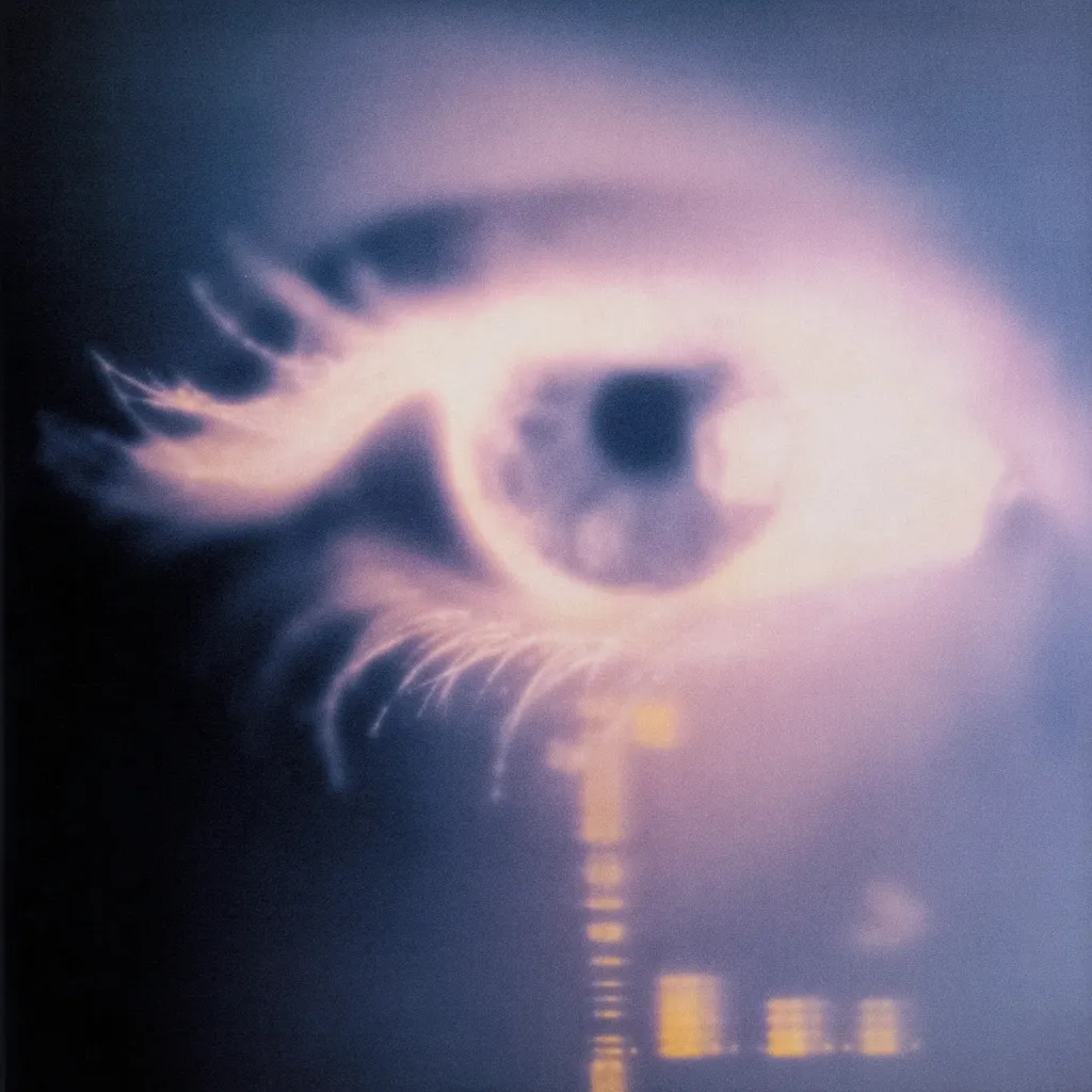 A close-up, abstract image of an eye. The eye is blurred and out of focus, with a soft, dreamy quality. The colors are muted purples and pinks, giving it an ethereal feel. A vertical strip of what appears to be data or a code is visible in the lower right corner, adding a technological element to the image. The overall effect is one of mystery and intrigue.