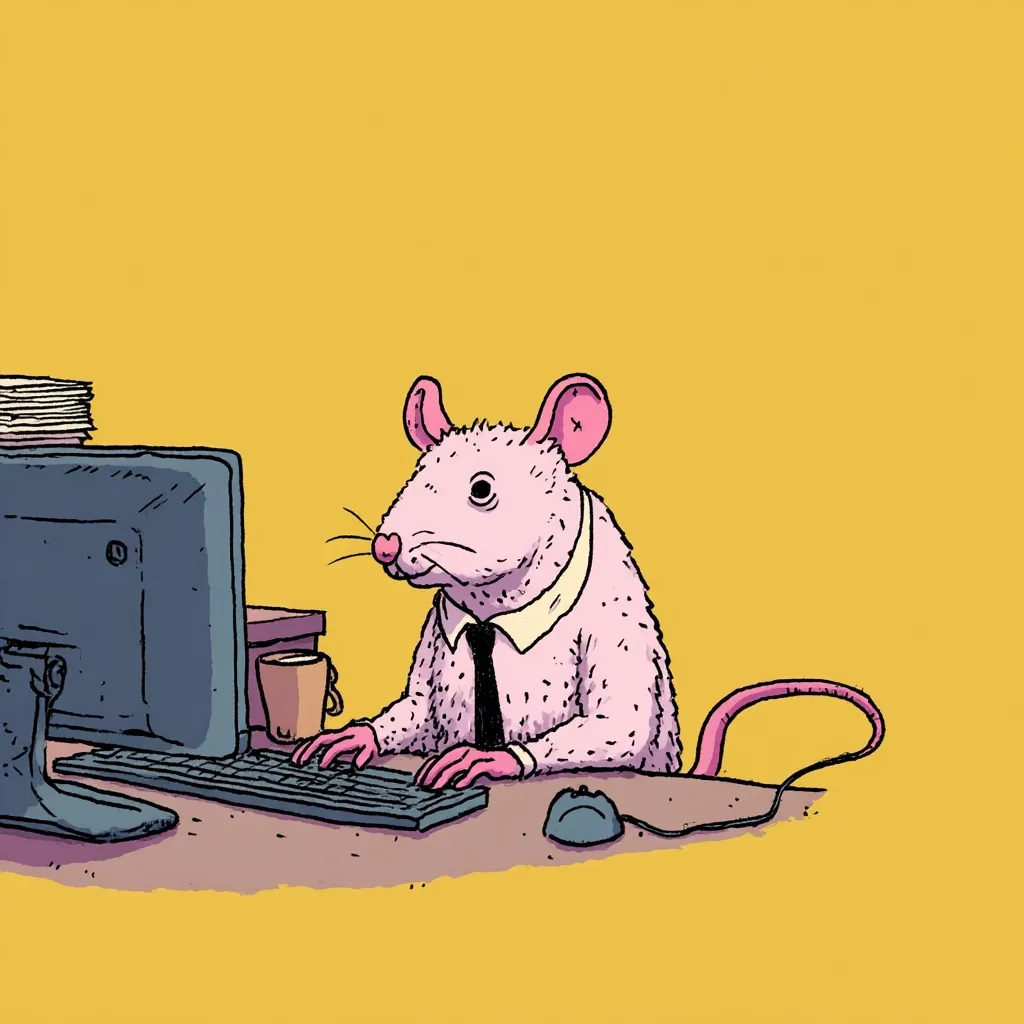A pink rat, dressed in a shirt and tie, sits at a desk diligently working on a computer.  The rat's expression is serious and focused as its paws rest on the keyboard. A coffee cup and a stack of papers are visible on the desk, suggesting a busy workday. The illustration is done in a cartoon style with bold outlines and flat colors, set against a mustard yellow background.