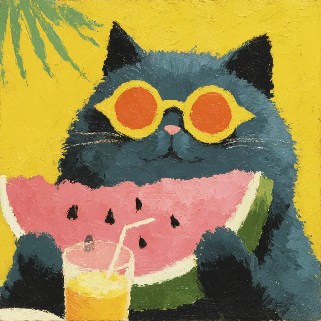A playful painting depicts a dark-grey cat wearing bright orange sunglasses, contentedly holding a large slice of watermelon.  A glass of orange juice with a straw sits before it. The background is a vibrant yellow, suggesting a sunny, summery scene. The style is impasto, with thick, visible brushstrokes adding texture.  The overall mood is cheerful and lighthearted.