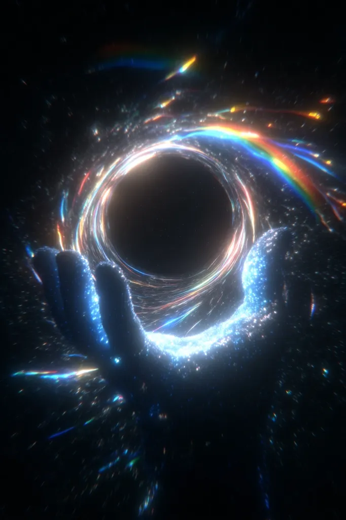 A digital artwork depicts a hand gently cradling a swirling, luminous black hole.  The hole's accretion disk emits vibrant, rainbow-like streaks of light against a dark, space-like background speckled with glittering particles. The hand appears ethereal, glowing faintly with a similar luminescence to the cosmic event it holds. The overall effect is surreal and awe-inspiring.
