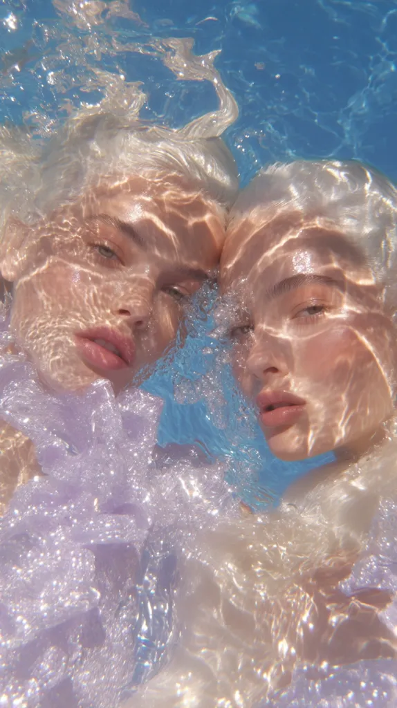 Two women with light blonde hair are submerged in a swimming pool.  The water is clear, and sunlight filters through, creating a dreamy, ethereal effect. They are wearing light purple, shimmering fabrics that drape around them. Their faces are partially obscured by water, creating a sense of mystery and beauty. The overall image evokes a feeling of serenity and otherworldliness.