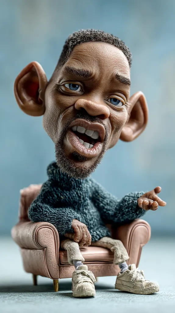 A caricature of Will Smith sits in a miniature armchair.  His features are exaggerated, with large ears and expressive facial features. He's wearing a gray sweater and off-white sneakers, his hands resting on his lap. The overall style is whimsical and playful, creating a humorous representation of the famous actor.