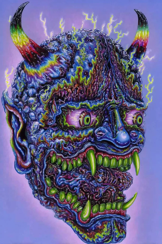 A vibrant, surreal painting depicts a demonic head, possibly inspired by oni masks.  The creature's face is a swirling mass of blues, purples, and greens, with sharp teeth and large, expressive eyes.  Intricate details highlight a textured, almost fleshy surface.  Electric-like bolts emanate from its rainbow-hued horns, adding to its otherworldly and menacing appearance. The overall style is psychedelic and grotesque.