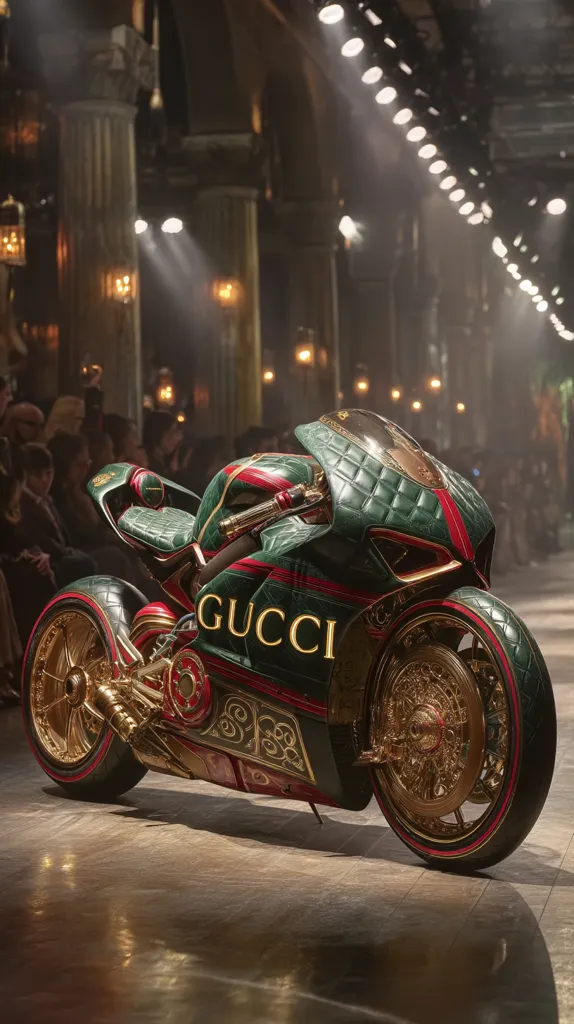 A custom-designed Gucci motorcycle commands attention.  Its deep green body, accented with gold detailing and quilted leather, reflects the luxury brand's signature style.  The opulent design features intricate gold rims and the Gucci logo prominently displayed.  The bike is showcased in an elegant, dimly lit setting, enhancing its luxurious appeal.