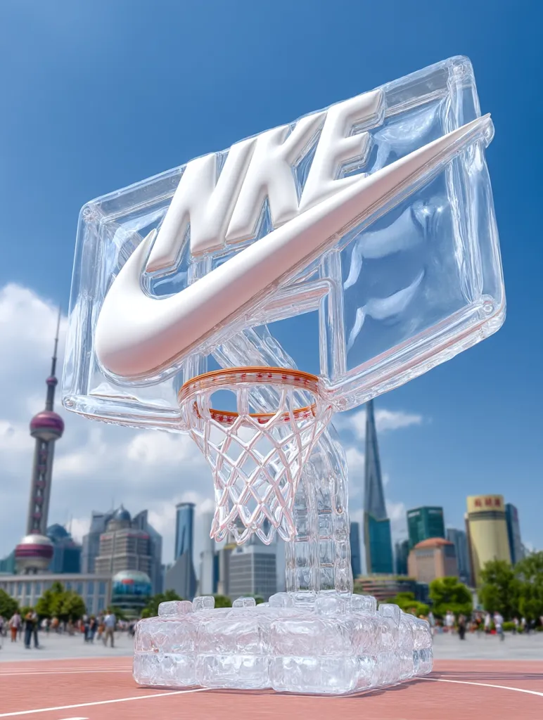 A transparent, ice-like basketball hoop stands on a court, the Nike logo prominently featured on the backboard. The backdrop is a modern cityscape, likely Shanghai, with skyscrapers visible under a clear blue sky. The overall effect is a striking juxtaposition of the familiar Nike brand with an unconventional, frozen aesthetic.  The scene is peaceful and visually appealing.