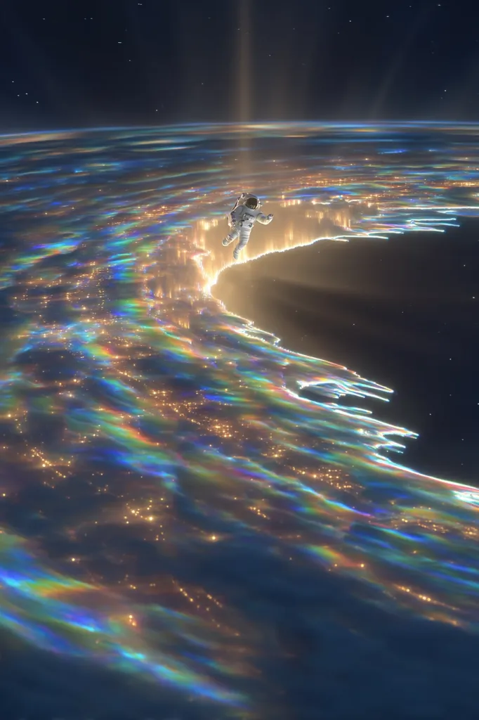A lone astronaut floats in the inky blackness of space, gazing down at Earth.  The planet's curvature is visible, showcasing a breathtaking display of iridescent clouds, shimmering with an ethereal, rainbow-like glow.  City lights twinkle faintly below, creating a mesmerizing contrast against the cosmic backdrop. The scene evokes a sense of wonder and the vastness of space.