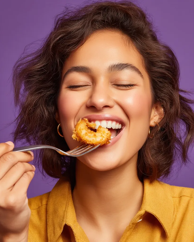 A young woman with curly brown hair and a joyful expression eats a piece of fried food, likely onion rings or calamari, from a fork.  She's wearing a mustard-yellow shirt and her eyes are closed in pleasure. The background is a solid purple. The image is brightly lit and focuses on the woman's face and the food.