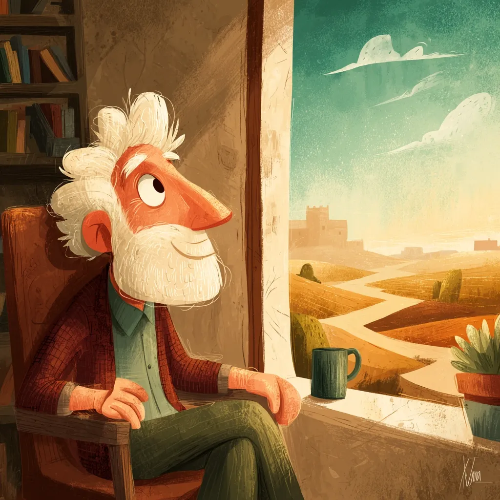 A whimsical illustration depicts an elderly man with a long white beard, seated in a wooden chair. He gazes contentedly out a window, overlooking a sun-drenched landscape with a winding road leading to distant buildings. A mug sits on the windowsill beside a potted plant, adding to the peaceful scene.  The style is cartoonish, with warm colors and soft brushstrokes.