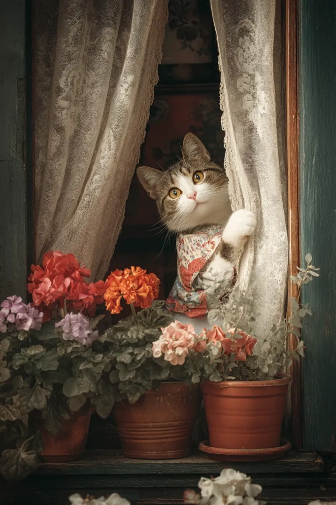 A curious tabby cat, wearing a floral garment, peeks from behind a lace-trimmed curtain in a rustic window.  Potted geraniums in terracotta pots sit on the windowsill, adding to the charming, vintage scene. The cat's gaze is directed outward, creating a sense of anticipation or observation. The overall mood is peaceful and nostalgic.