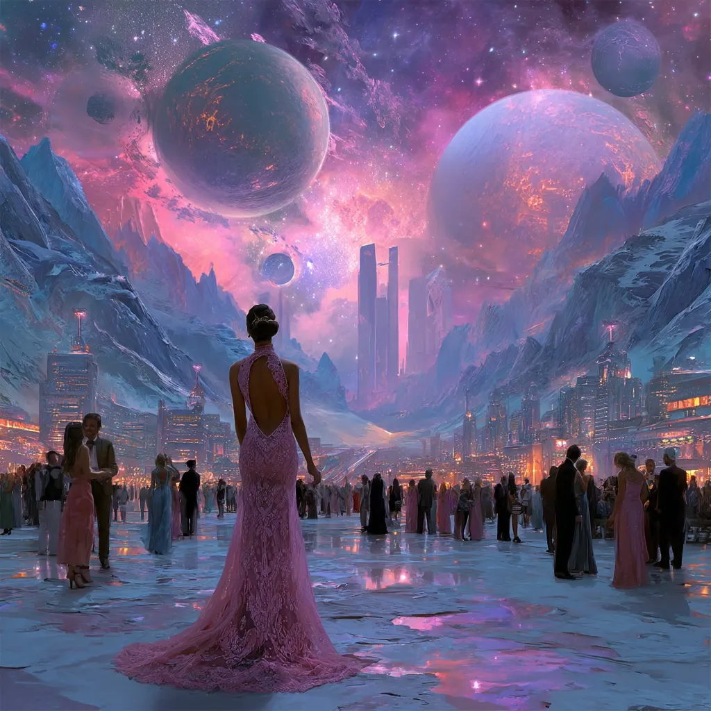 A woman in a long pink gown stands with her back to the viewer, gazing at a futuristic city nestled between snow-capped mountains under a vibrant, otherworldly sky.  Large planets and nebulae dominate the heavens above.  Many people in formal attire gather in the city's plaza, creating a scene of elegant otherworldliness. The artwork blends fantasy and science fiction elements, presenting a breathtaking and surreal landscape.