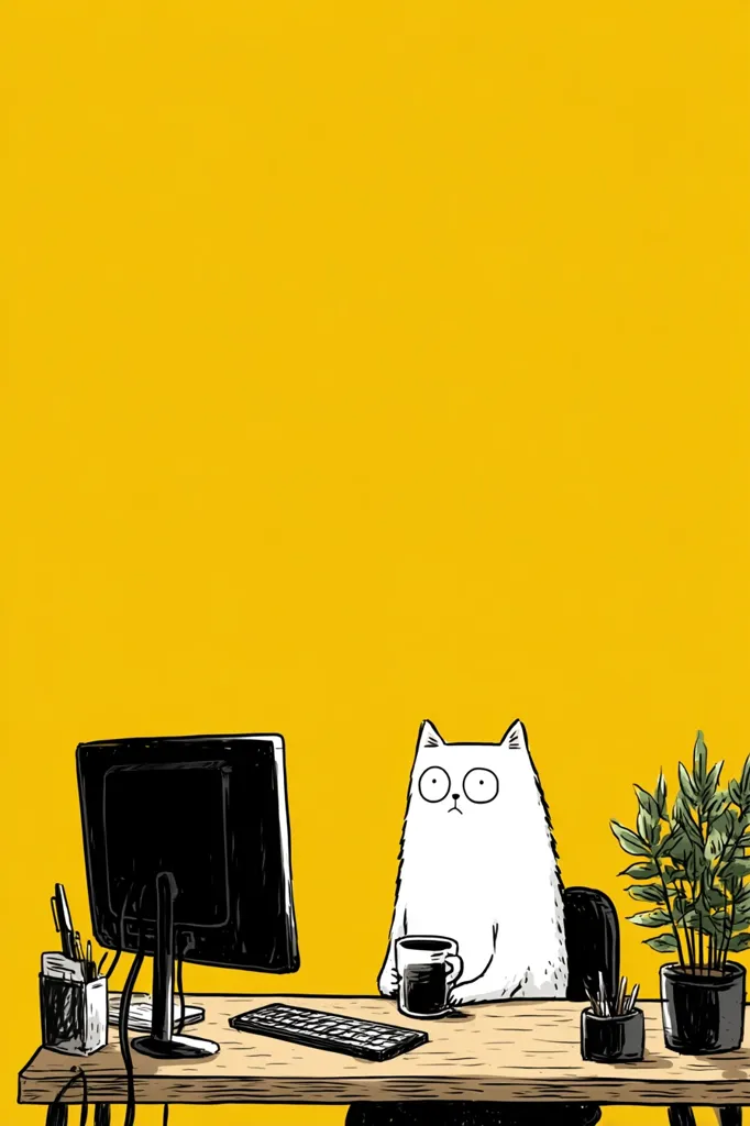 A minimalist illustration depicts a white cat seated at a desk in front of a computer.  The cat holds a mug, appearing pensive.  A small plant sits in a pot beside a pen holder. The background is a solid, bright yellow. The style is simple line art with black outlines and minimal shading. The overall mood is calm and slightly humorous.