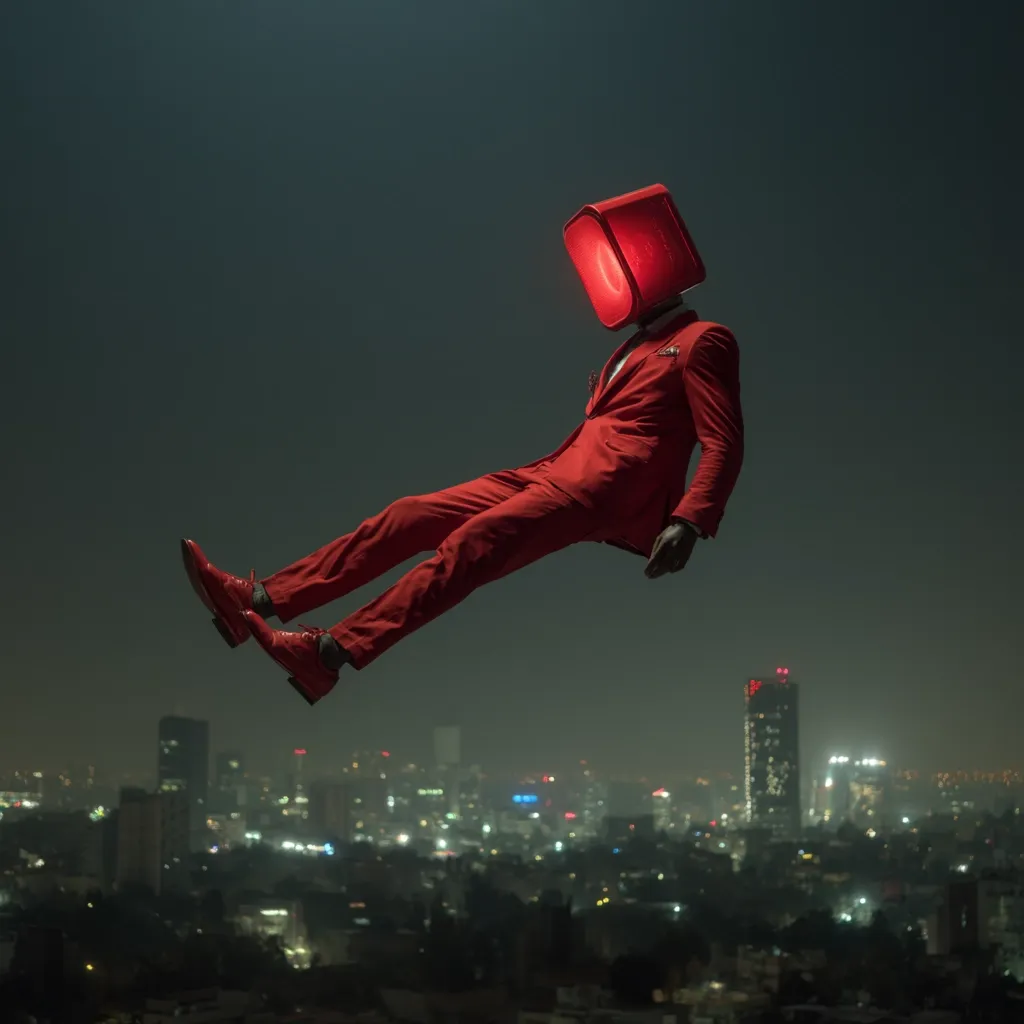 A surreal image depicts a figure in a red suit floating above a nighttime cityscape.  The figure's head is replaced by a glowing red box, resembling an old television set. The scene is dark and moody, creating a striking contrast between the vibrant red of the suit and the muted tones of the city lights below. The overall effect is one of mystery and alienation.