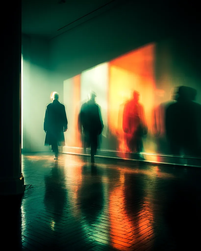 A lone figure in a long coat walks through a dimly lit hallway.  Behind them, blurred, ghostly shapes suggest other people moving, their forms indistinct and partially illuminated by vibrant, colorful projections on the wall. The polished wooden floor reflects the light and the figures, creating an ethereal and mysterious atmosphere. The overall scene is moody and evocative.