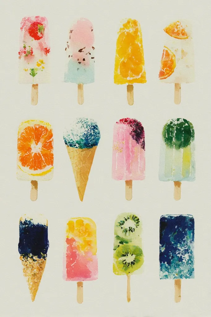 A watercolor painting features twelve popsicles arranged in a grid.  Each popsicle showcases a unique and vibrant design, incorporating various fruits, flowers, and colors.  Some are classic ice-cream cone shapes, while others are rectangular. The overall style is cheerful and summery, suggesting a refreshing and delicious treat.