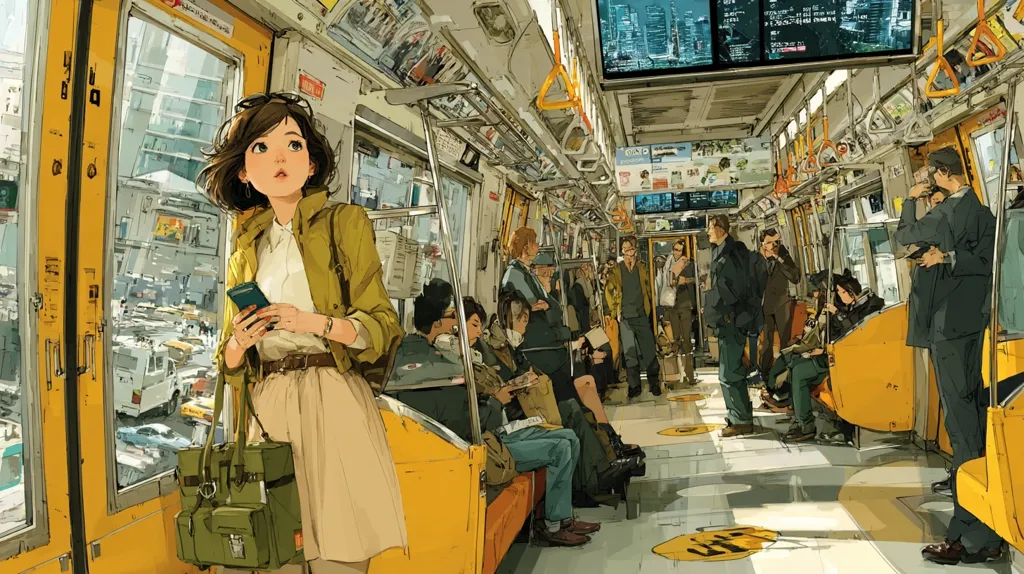 A young woman with short brown hair stands on a crowded train, looking out the window at a bustling city street.  She holds a phone and carries a green satchel.  Other passengers fill the yellow-seated train car, some reading, others looking out windows. The cityscape outside is visible through large windows, showcasing a modern urban environment. The overall style is illustrative and vibrant, with a focus on the young woman's pensive expression.