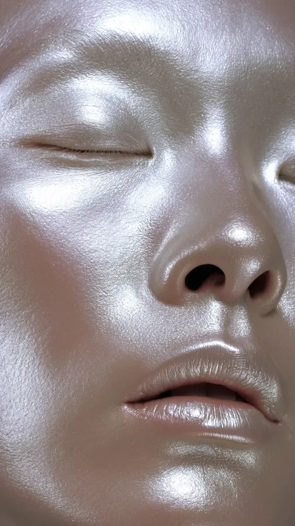 Close-up of a face covered in pearlescent, metallic makeup.  The model's eyes are closed, showcasing a smooth, reflective surface on the skin.  The lips are subtly defined with a matching iridescent sheen. The overall effect is ethereal and otherworldly.