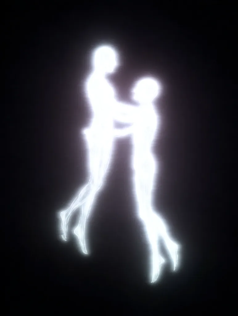 The image shows two glowing, ethereal figures embracing against a black background.  Their forms are translucent and vaguely human-shaped, lacking sharp features.  The brighter light around them creates a soft, luminous effect, suggesting a spiritual or dreamlike quality.  The figures appear weightless and intertwined, conveying a sense of intimacy and connection.