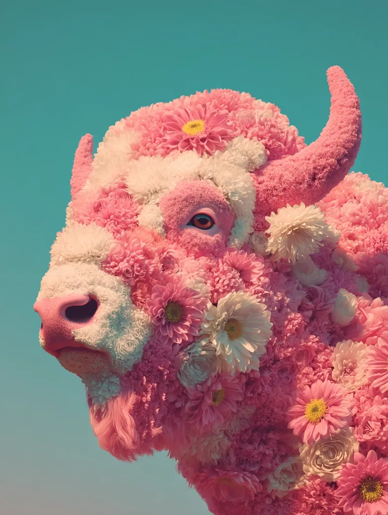 A whimsical depiction of an American bison crafted entirely from pink and white flowers.  The vibrant blossoms create a soft, fluffy texture, contrasting the bison's typically rugged appearance.  The teal background enhances the surreal and dreamlike quality of the image, resulting in a visually striking and unique artwork.