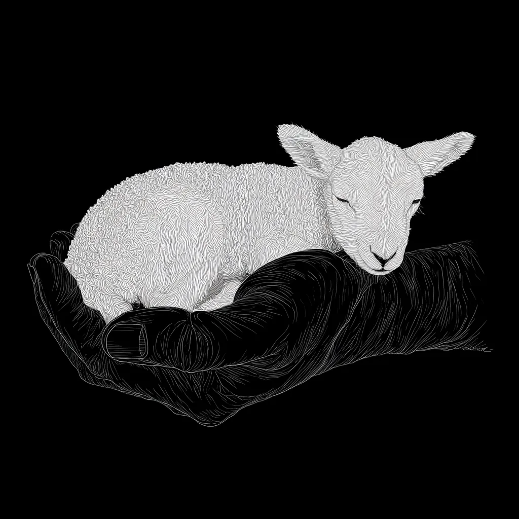 A delicate line drawing showcases a sleeping lamb cradled gently in a large hand.  The lamb, rendered in light grey, rests peacefully.  The hand, in stark black, provides a strong contrast, creating a sense of protection and care. The image's simplicity and high contrast emphasize the theme of nurturing and vulnerability.  The background is a deep black, focusing attention on the central figures.
