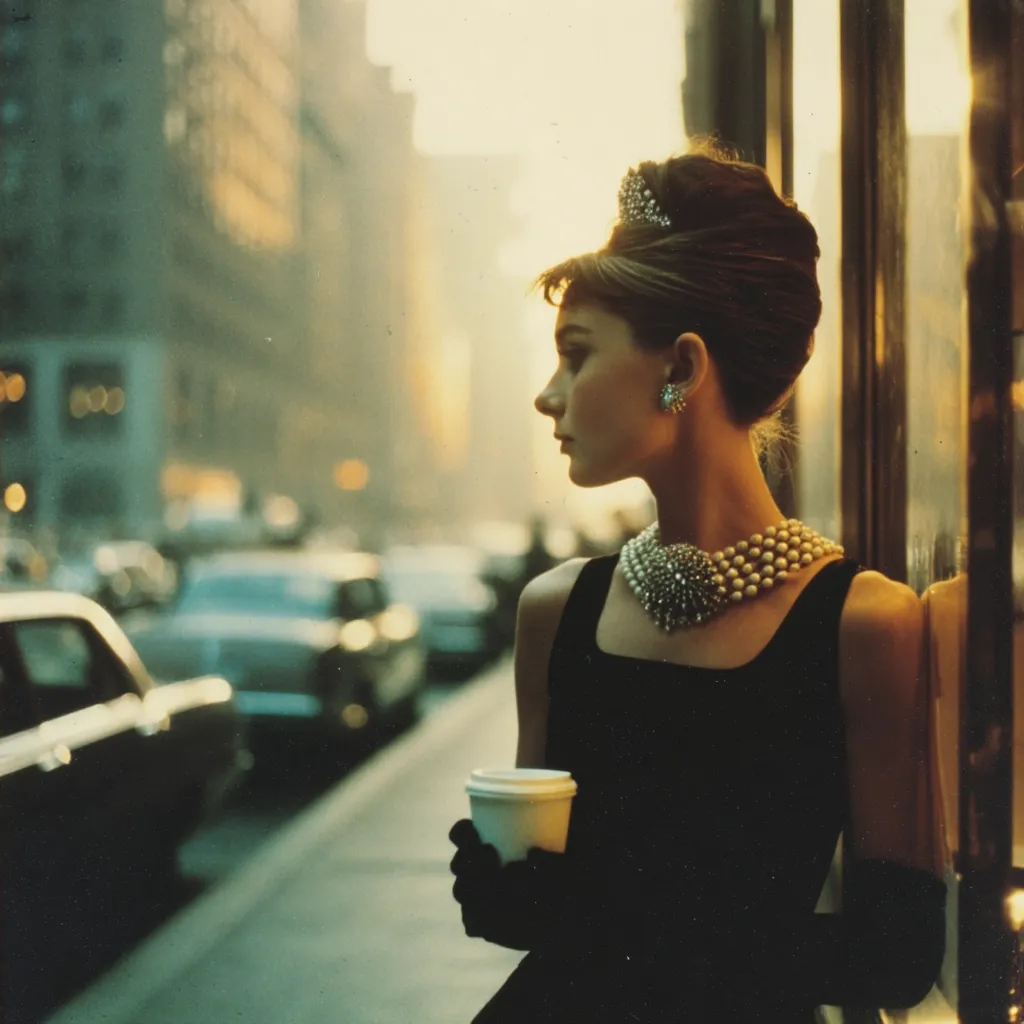 Audrey Hepburn, elegantly styled in a little black dress, pearl necklace, and tiara, stands pensively on a New York City street.  The warm, golden light of dawn or dusk bathes the scene.  Cars blur in the background, emphasizing the stillness of Hepburn’s contemplative pose as she holds a coffee cup.  The overall mood is sophisticated and nostalgic.