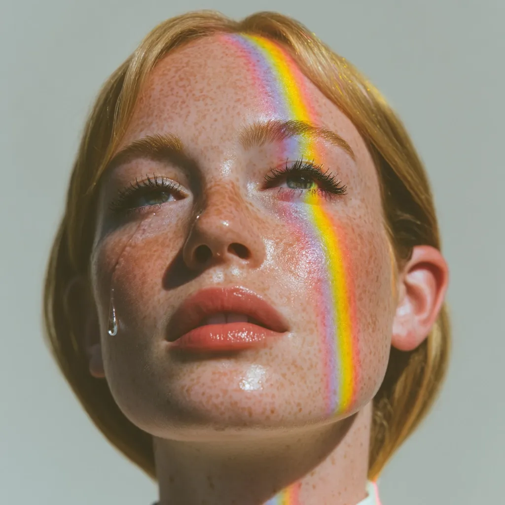 Close-up portrait of a young woman with fair skin and freckles. A rainbow is painted on her face, streaking from her forehead down her cheek.  A single tear rolls down her face, contrasting with the vibrant colors. Her expression is serene, yet slightly melancholic. The lighting is soft and warm, enhancing the overall ethereal mood of the image.