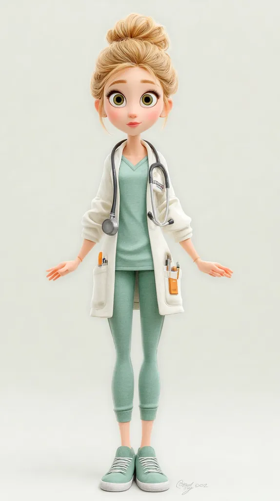 A charming cartoon illustration of a female doctor. She has blonde hair in a bun, large expressive eyes, and is wearing a white doctor's coat over a sage green scrub top and leggings.  A stethoscope hangs around her neck, and she carries pens in her coat pockets.  She sports pastel green sneakers. The style is cute and friendly.