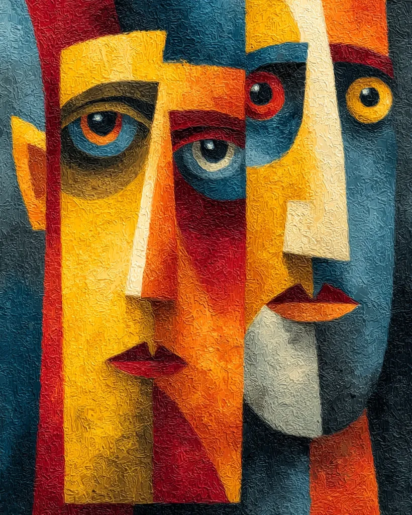 A vibrant abstract portrait, painted in a Cubist style, features three fragmented faces.  Bold colors—yellows, reds, blues, and whites—create a textured, almost impasto effect.  Eyes are prominent, and the faces are geometrically assembled, overlapping and interweaving to form a unified yet multifaceted composition. The overall impression is one of complex emotion and interconnectedness.