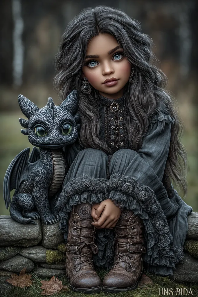 A digital painting depicts a young girl with long, dark hair and piercing blue eyes. She's dressed in a dark, gothic-style dress and sturdy boots, sitting on a stone wall.  Beside her sits a small, dark gray dragon with large, expressive eyes.  The overall mood is mystical and enchanting, with a focus on intricate details in the girl's clothing and the dragon's scales. The background is blurred, drawing attention to the central figures.