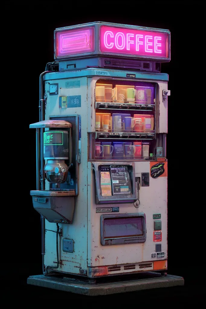 A weathered, futuristic coffee vending machine stands against a black background.  Its worn paint reveals a vintage aesthetic, contrasted by vibrant neon pink "COFFEE" signage.  The machine displays rows of colorful cups and coffee pods, suggesting various options.  A built-in coffee brewer is visible on the side, adding to its unique blend of retro and advanced technology.  The overall style is reminiscent of cyberpunk or retro-futuristic art.
