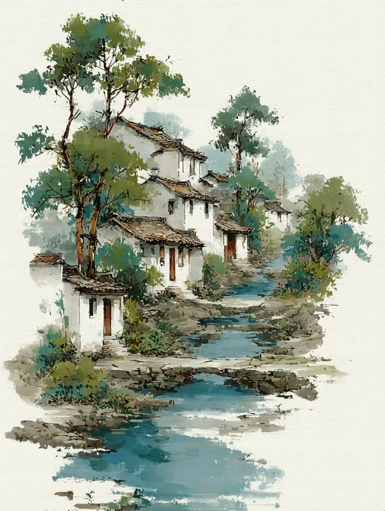 A serene watercolor painting depicts a picturesque village nestled along a gently flowing stream.  Whitewashed houses with dark tiled roofs line a path that follows the water's edge. Lush green trees and vegetation surround the buildings, creating a tranquil atmosphere. The style suggests a classical East Asian aesthetic, with soft brushstrokes and a focus on the natural harmony of the scene.  The water's reflection adds to the peaceful ambiance.