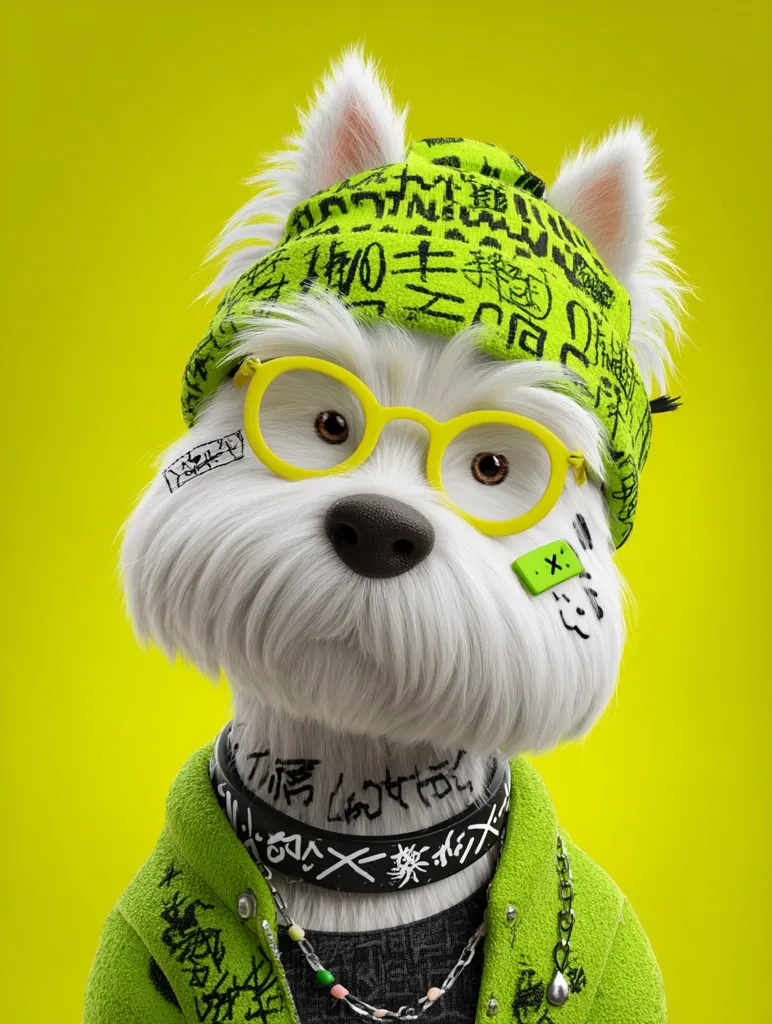 A West Highland White Terrier, rendered in a 3D style, sports a vibrant lime green outfit.  The dog wears a matching beanie adorned with black graffiti-style lettering, round yellow glasses, and a lime green jacket.  Bandages with "x" markings add to its playful, edgy look, complemented by a black choker necklace with further graffiti detailing. The background is a solid, bright yellow.
