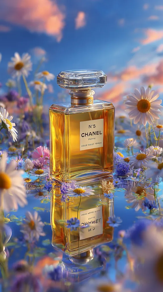 A bottle of Chanel No. 5 Parfum sits amidst a field of wildflowers.  The golden perfume reflects in the water below, creating a dreamy, ethereal image. The sky is a soft blend of blues and pinks, suggesting sunrise or sunset.  The overall mood is serene and romantic, emphasizing the classic elegance of the Chanel fragrance.