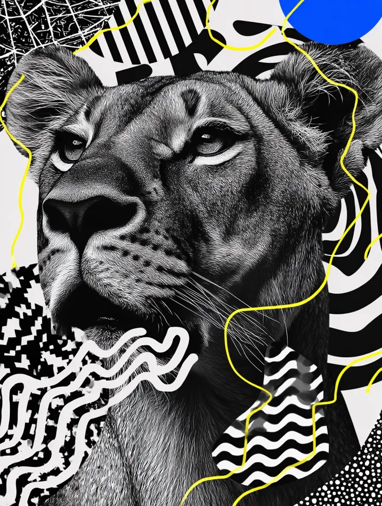 A striking monochrome portrait of a lioness's head dominates the image.  Her intense gaze is accentuated by the graphic black and white abstract shapes and vibrant yellow lines that surround her.  A pop of bold blue adds a contrast to the overall black, white, and yellow palette. The artwork blends realistic animal portraiture with a bold, modern collage aesthetic.