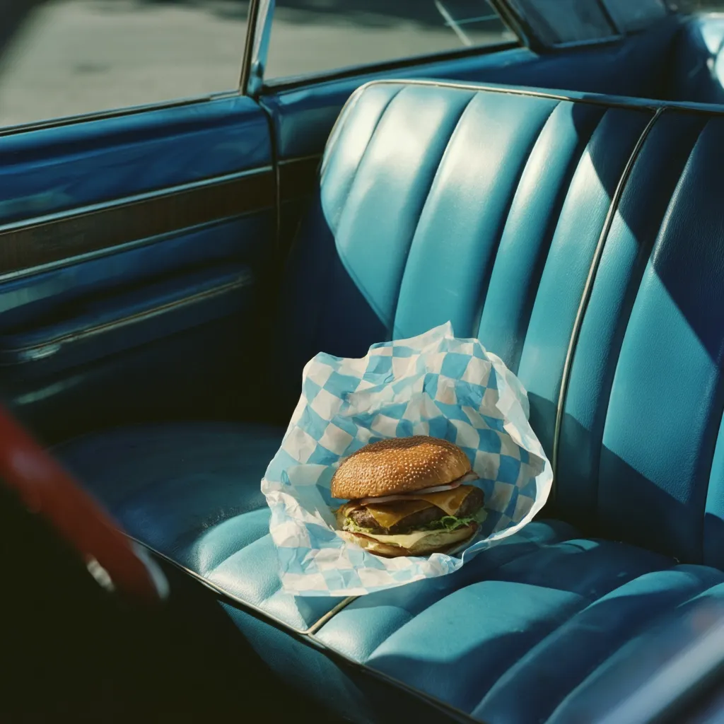 A cheeseburger, nestled in blue and white checkered paper, rests on the backseat of a vintage teal car.  Sunlight streams into the vehicle, illuminating the plush upholstery. The scene evokes a classic American roadside diner aesthetic, suggesting a casual and carefree moment.  The burger appears juicy and delicious, promising a satisfying meal.