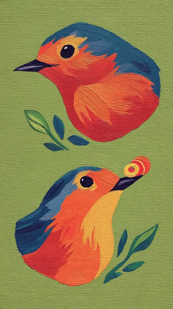 A vibrant painting showcases two stylized birds against a muted green backdrop.  The birds, rendered in bold strokes of orange, red, and blue, possess large, expressive eyes.  Simple, stylized foliage accompanies each bird, adding a touch of whimsy.  The lower bird holds a small, spiraled object in its beak, hinting at playful interaction. The overall style is bold and colorful, suggesting a folk-art influence.